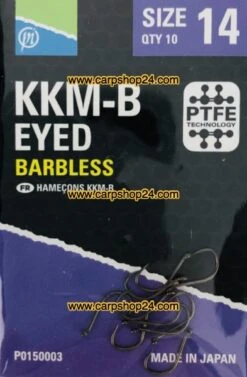 Preston KKM-B EYED BARBLESS -Visserij Benodigdheden Winkel Preston KKM B Eyed Barbless Haaken Weerhaakloos Oog Nr 14 P0150003 min